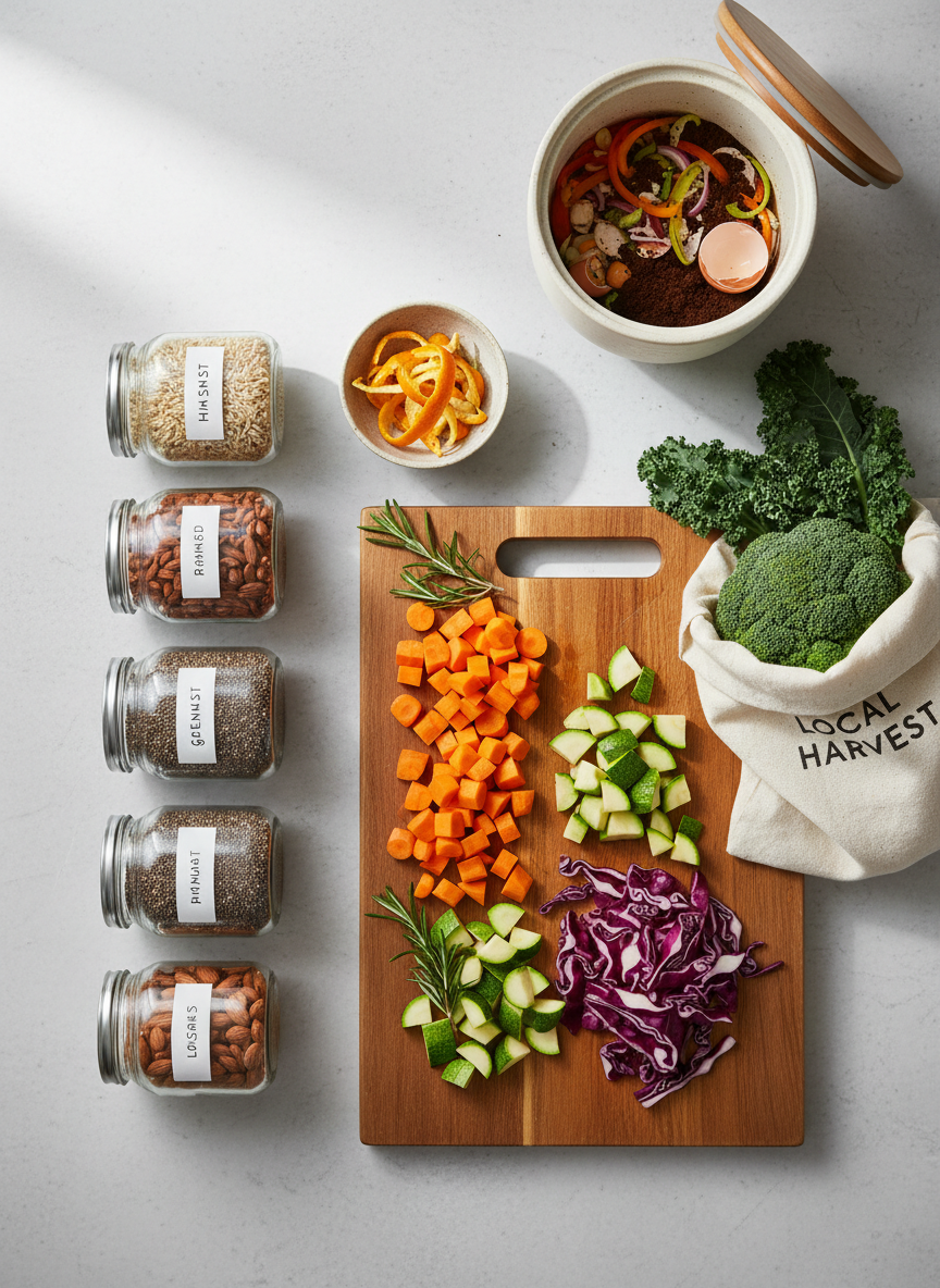An overhead photographic view of a well-organized zero-waste cooking prep scene on a light stone countertop. Glass jars filled with grains, lentils, and nuts are neatly labeled and arranged beside a wooden cutting board topped with chopped seasonal vegetables, citrus peels saved in a small bowl, and a cloth bag of produce with no plastic in sight. A compost crock with a bamboo lid sits in one corner, open to reveal colorful vegetable scraps. Diffused daylight from an unseen window creates even, soft lighting with minimal shadows. The composition follows the rule of thirds, creating a bright, professional, and practical mood that emphasizes sustainable pantry organization and thoughtful meal prep.