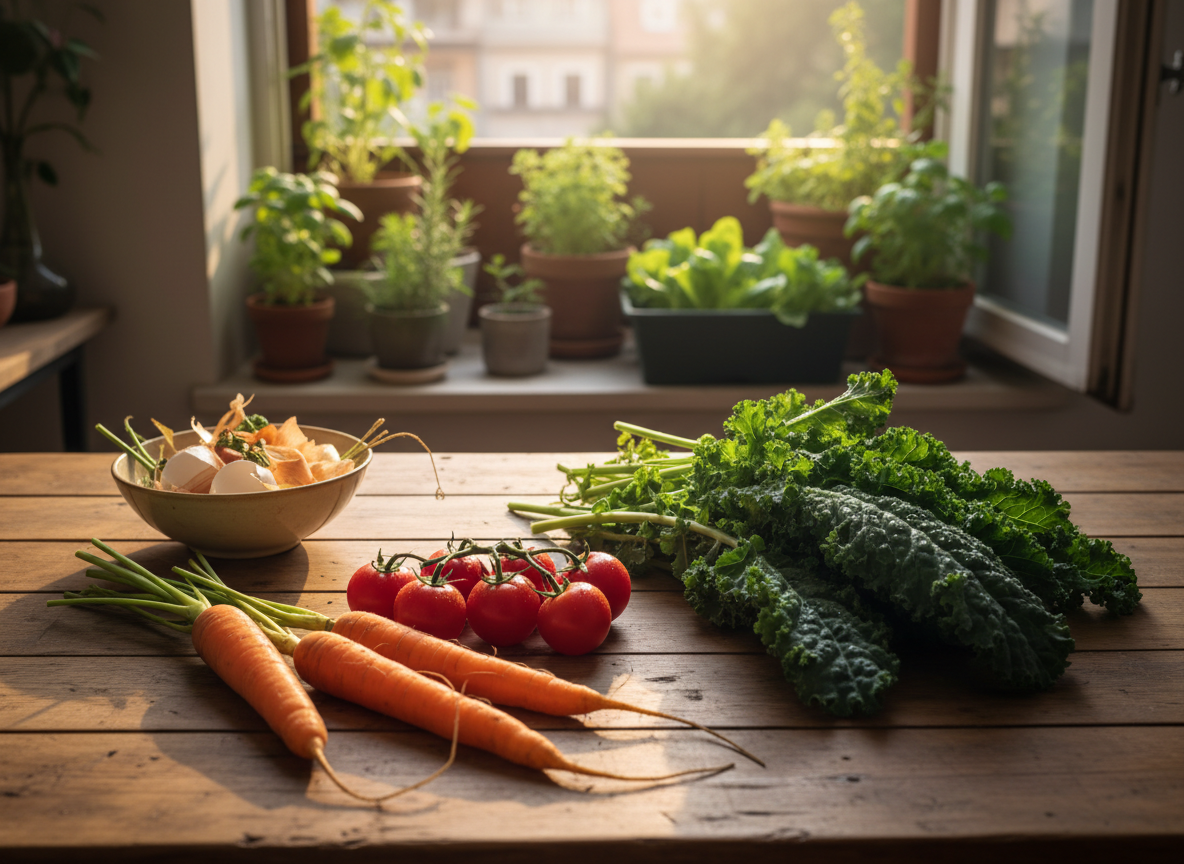 A rustic wooden kitchen table neatly arranged with a variety of vibrant vegetables freshly harvested from containers: bright red cherry tomatoes still attached to the vine, curly kale leaves with dewdrops, plump orange carrots with soil-dusted roots, and a small bowl of assorted kitchen scraps ready for compost. The table sits near a large window overlooking a tiny balcony garden filled with planters and herbs. Soft morning sunlight pours in, creating gentle highlights on the produce and subtle shadows on the grain of the wood. Photographic realism, eye-level composition with a shallow depth of field, clean and modern yet organic atmosphere, conveying a calm, practical, zero-waste lifestyle focused on growing and cooking food in small spaces.